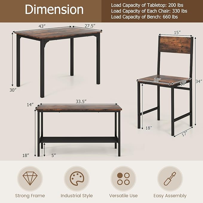 COSTWAY Dining Table Set for 4, Rectangular Kitchen Table Set with Bench and 2 Chairs, Storage Rack & Metal Frame, 4-Piece Dining Room Table and Chairs Set for Small Space, Apartment (Coffee)