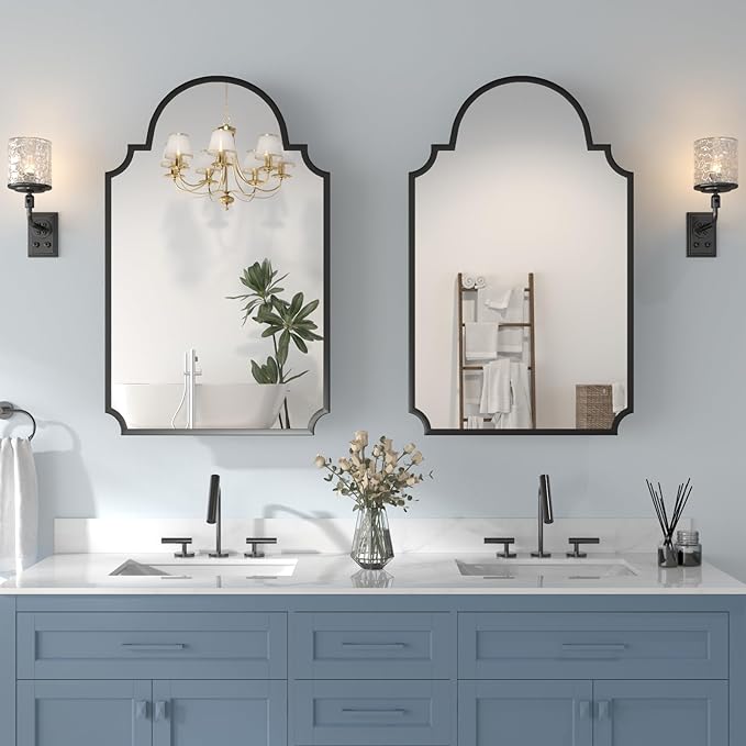 Black Decorative Medicine Cabinet Mirror, 20"x32" Recessed or Surface Mount Metal Irregular Medicine Cabinet for Bathroom, Elegant Curved Aesthetics Mirror with Storage, 2 Stable & Removable Shelves