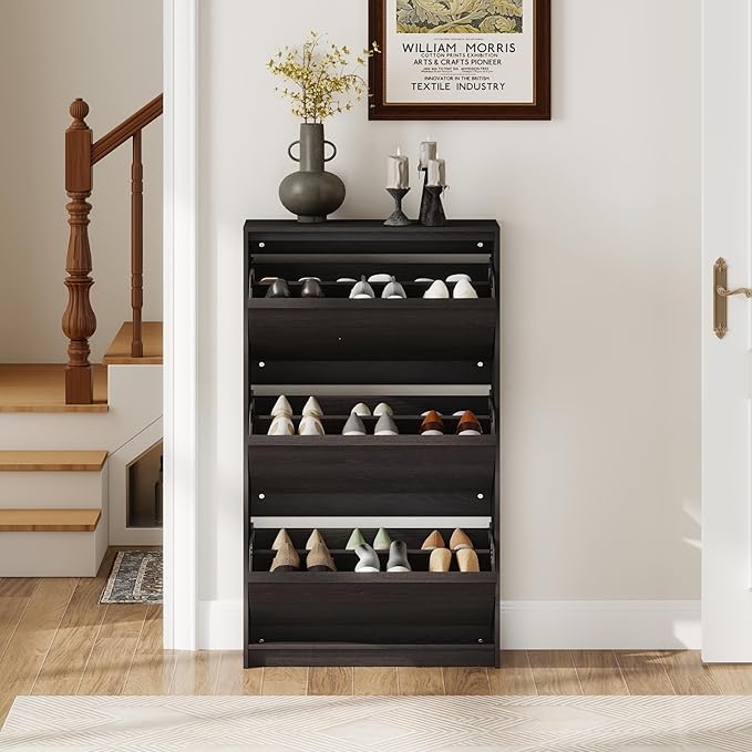 Shoe Cabinet with 3 Flip Drawers, 23.62" W Narrow Shoe Storage Cabinet for Entryway, Slim Shoe Organizer with Adjustable Shelves, Freestanding Shoe Rack for Hallway, Living Room, Black