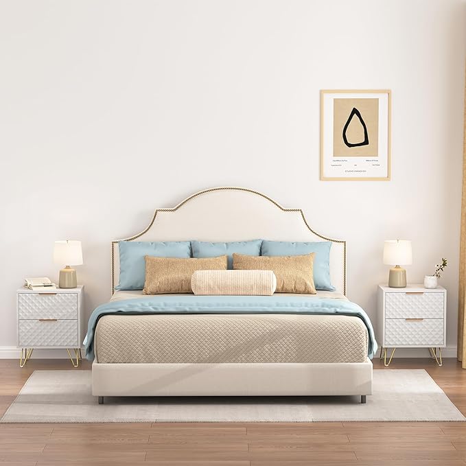 White Night Stand Set of 2, Modern Double Bedside Table with 2 Drawers Storage for Bedroom, Wood End Side Table with Gold Legs for Living Room