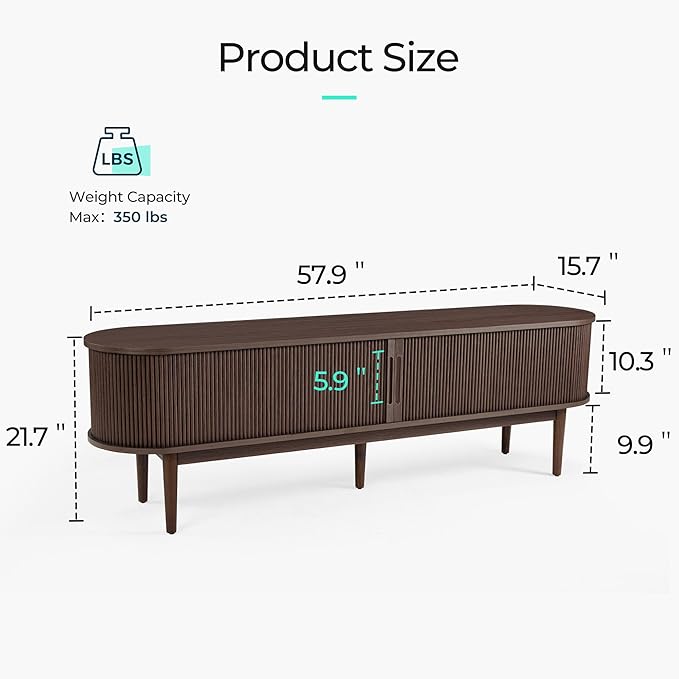 LINSY HOME 58" Fluted TV Stand for TVs up to 65 Inch, Mid Century Modern Entertainment Center with Storage Cabinet and Sliding Doors, Farmhouse Wood Media TV Console for Living Room, Bedroom, Walnut