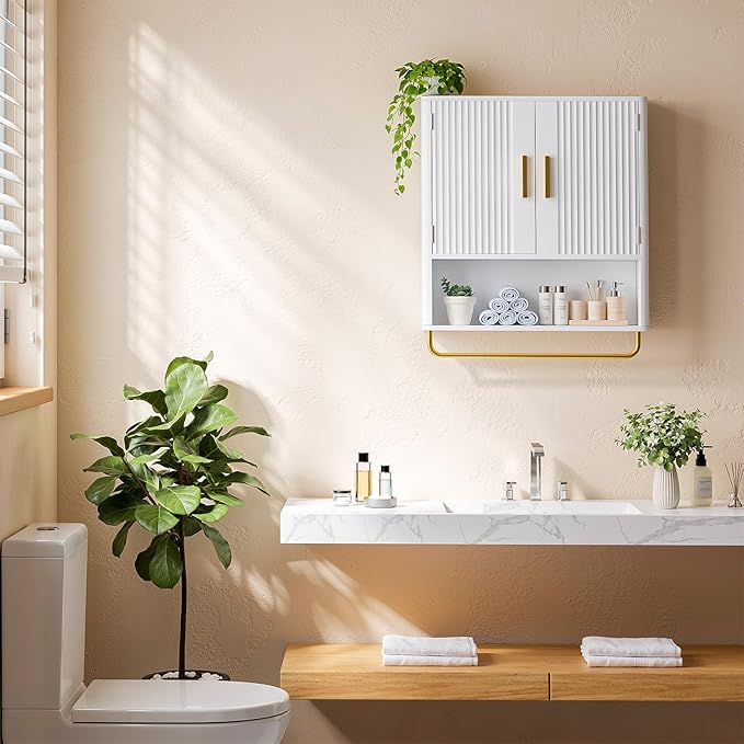 Memobarco Bathroom Wall Cabinet, Medicine Cabinet with Fluted Door & Adjustable Shelf, Over the Toilet Storage Cabinet with Towel Bar, Cabinet Wall Mount for Laundry Room & Kitchen, White