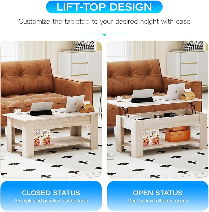 FDW Lift Top Coffee Table with Lift Tabletop Hidden Compartment and Storage Shelf Wooden Living Room Table for Home Reception Room Office,Nature