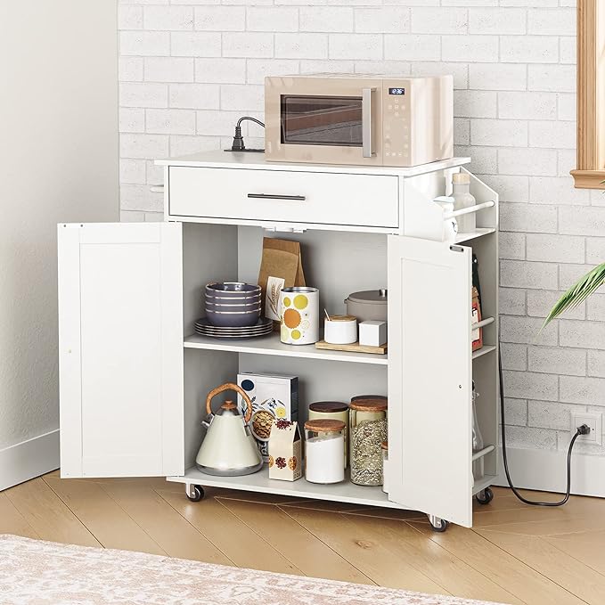 HOOBRO Kitchen Island with Power Outlet, Kitchen Storage Island with Spice Rack and Drawer, Rolling Kitchen Cart on Wheels, for Home, Kitchen and Dining Room, White WT82UZD01G1