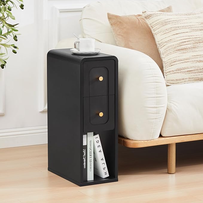 Narrow Nightstand with 2 Drawers, Small Bedside Tables, Mid-Century Modern Slim Night Stand with Storage, Wooden End Table for Small Spaces, Bedroom, Living Room (Black-1PCS)