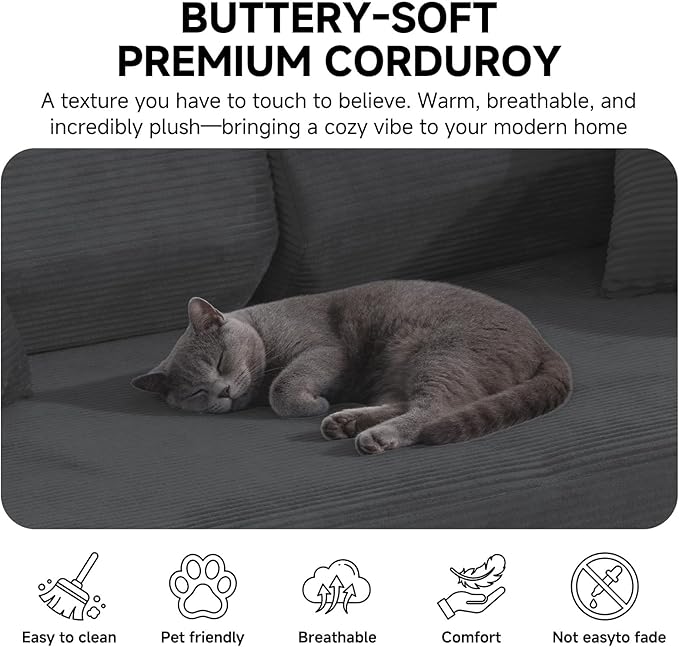 79" Boneless Couches for Living Room, Corduroy Sofa Bed with 2 Pillows,Side Pockets,Hex Arm, 5-in-1 Loveseat Sleeper Sofa for Small Spaces, High-Density Foam Couch, No Assembly, Black