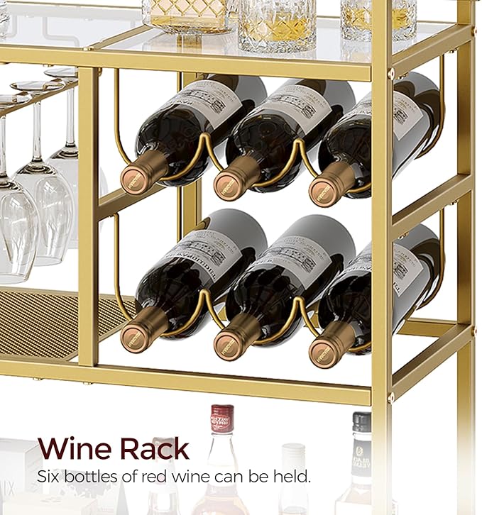 MAHANCRIS Bar Cart for Home, 3-Tier Serving Cart with Wheels and Handle, Beverage Cart with Wine Rack and Glass Holders, Rolling Wine Cart for Kitchen, Dining Room, Gold RCJ61B01