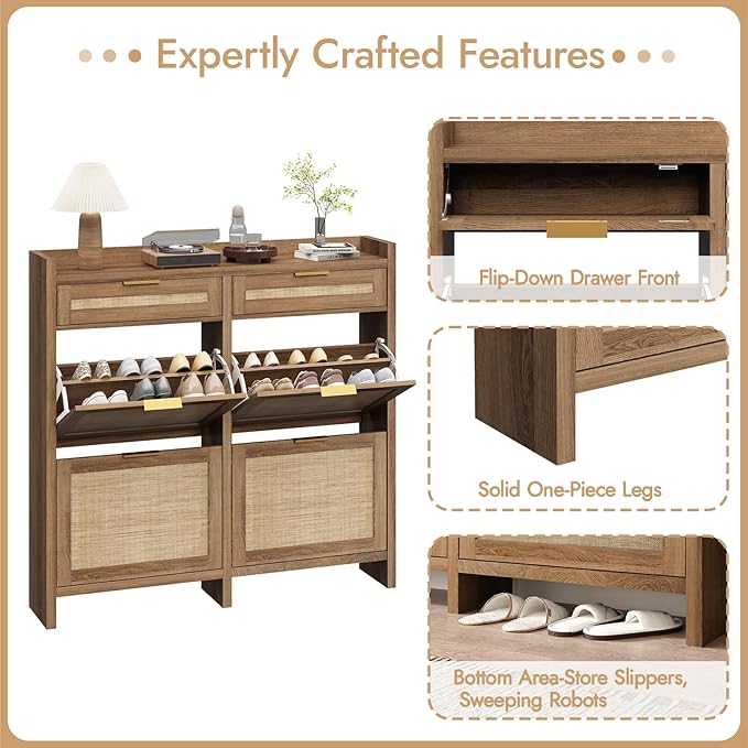 HOKYHOKY Large Rattan Shoe Storage Cabinet with 4 Flip Drawers & 2 Storages–Hidden Slim Shoe Organizer for Entryway, Large Tabletop Space, Farmhouse Boho Narrow Shoe Rack, Rustic Oak