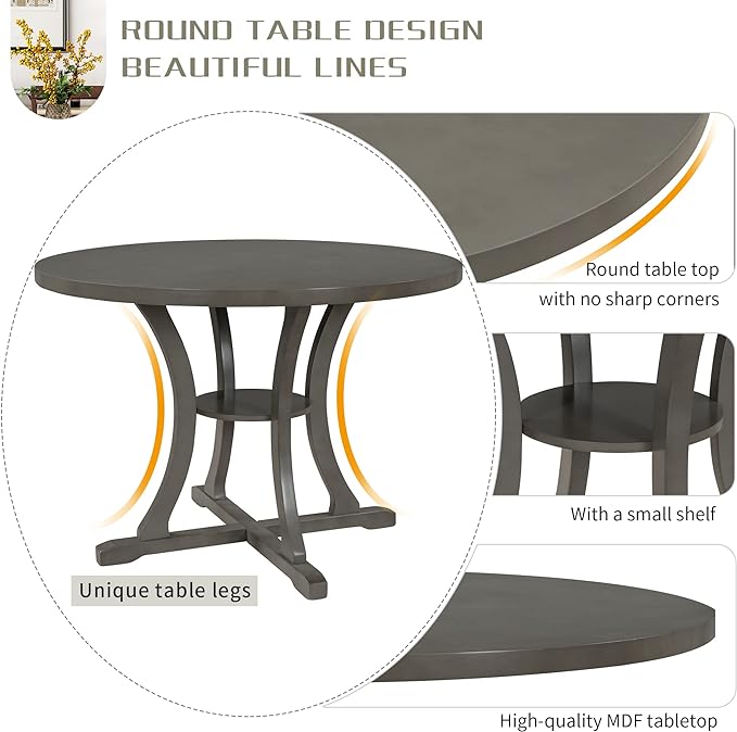Harper & Bright Designs 5-Piece Round Dining Table and Chair Set with Special-Shaped Legs and an Exquisitely Designed Hollow Chair Back for Dining Room (Gray)