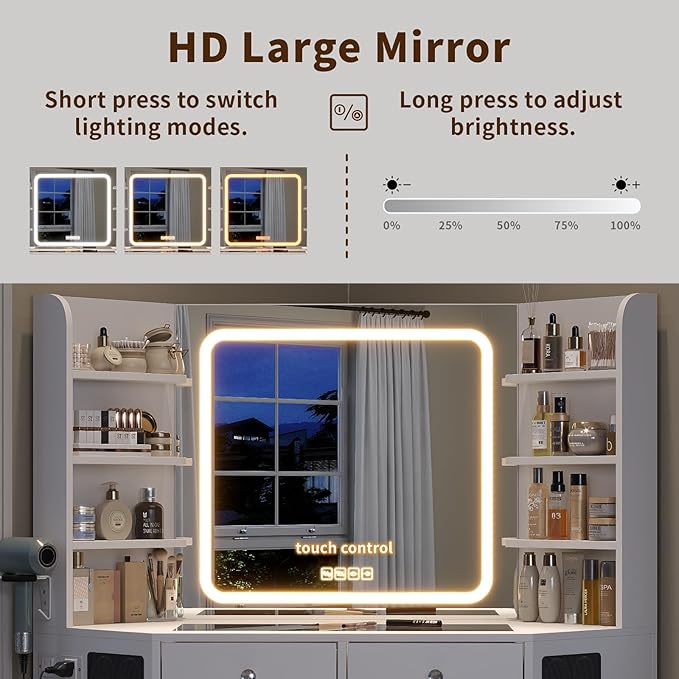 Yanosaku Corner Vanity Desk with Buil-in Speaker, 8 Drawers & 6 Shelves, Makeup Vanity with Glass Top, Modern Vanity with Mirror and Lights, 3 Color Lighting Modes, Dressing Table for Bedroom, White