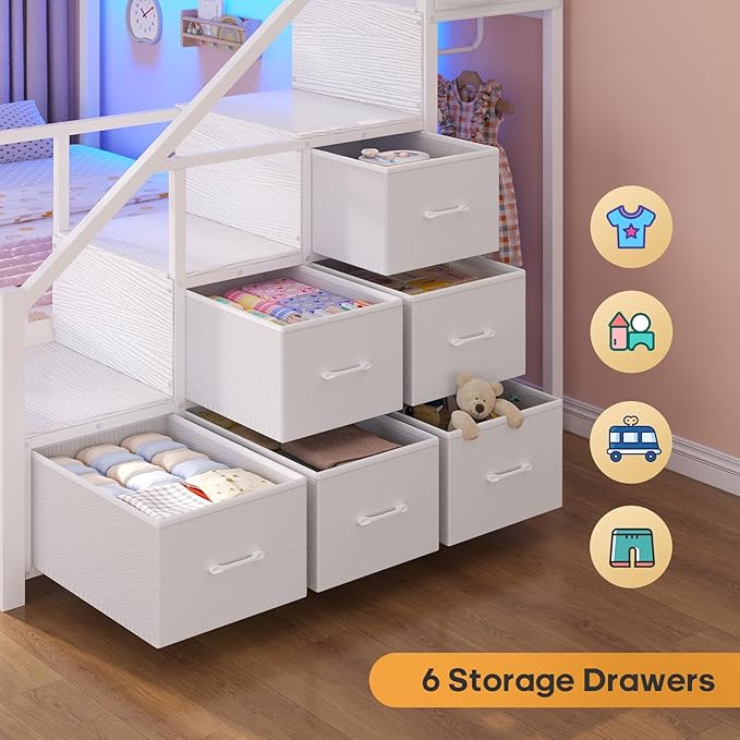 BTHFST Bunk Bed Full Over Full with Stairs, LED Lights Full Bunk Beds with 2 Storage Drawers & 6 Fabric Drawers, Metal Full Loft Beds with Safety Guardrail & Stairs, Space Saving, White