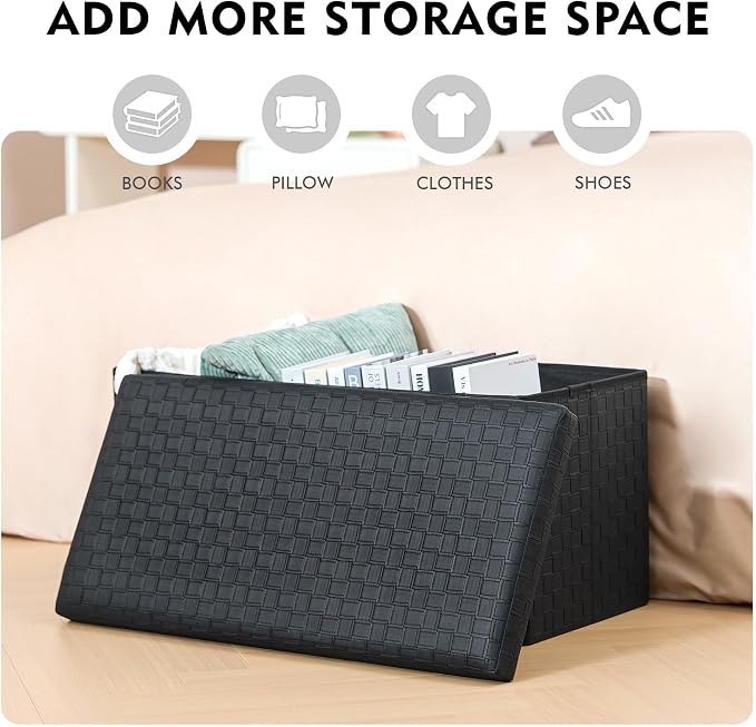 B FSOBEIIALEO Folding Storage Ottoman, Faux Leather Footrest Seat Long Bench Chest, Black 30"x15"x15"