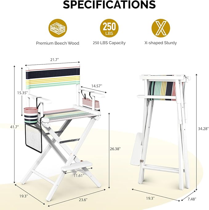 OmySalon 26" H Tall Directors Chair, Wooden Portable Folding Makeup Chair w/Storage Pouch & Footrest, Professional for Salon/Events/Mobile Services, 250lb Capacity, Striped Canvas & White Frame