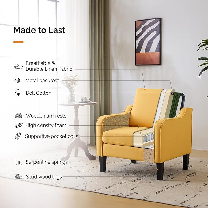 VINGLI Chair Yellow Upholstered Linen Accent Chair for Living Room, Bedroom, Mid-Century Modern Arm Chair Comfy Reading Chair with Scooped Arms