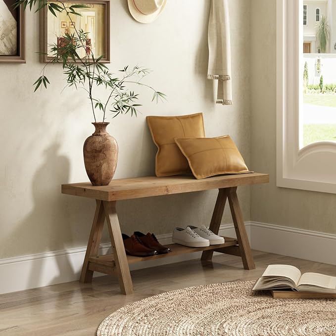 RowyPoey Solid Wood Bench, 39" Farmhouse Entryway Bench with Storage Shelf, Triangular Leg Design, Narrow Rustic Benches for Hallway, Bedroom, Dining, Kitchen, Easy Assembly