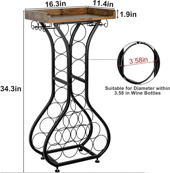 X-cosrack Wine Rack Freestanding Floor, Mini Bar Table Wine Holder Stand Liquor Cabinet with Glass Holder Wood Tabletop 14 Bottles Floor Wine Storage for Home Bar Kitchen Living Room