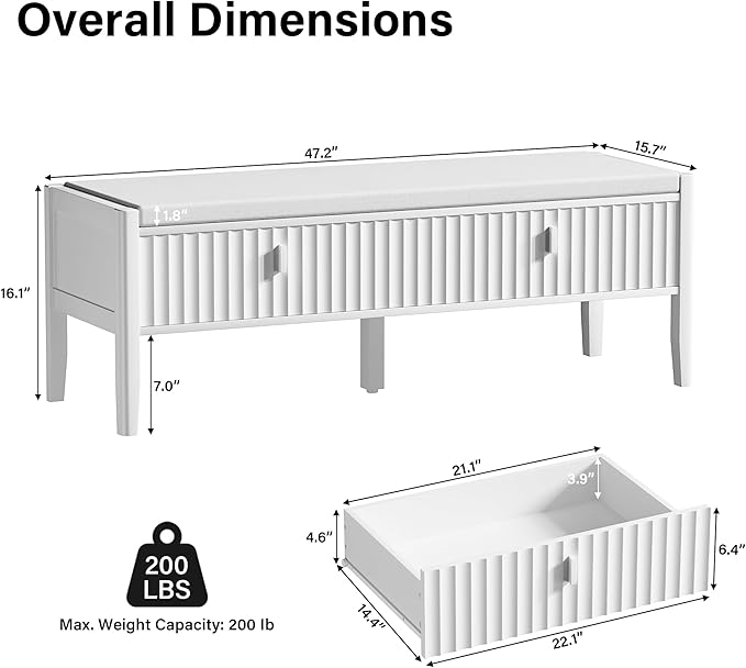 Furniway White Fluted Shoe Bench with 2 Drawers, Entryway Storage Bench with Thick Padded Cushion Seat, Open Bottom Shoe Storage Shelf for Hallway, Living Room, Bedroom, 47.2" W