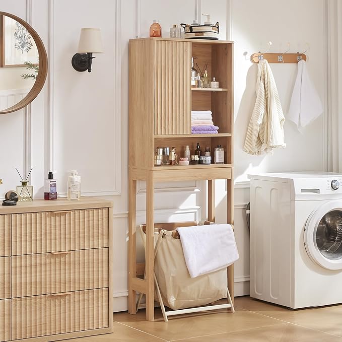 LEYAOYAO Fluted Over The Toilet Storage Cabinet, Farmhouse Over Toilet Bathroom Organizer with a Sliding Door, 68" Tall Wood Natural Freestanding Washer Shelf with Adjustable Shelf & Curved Profile