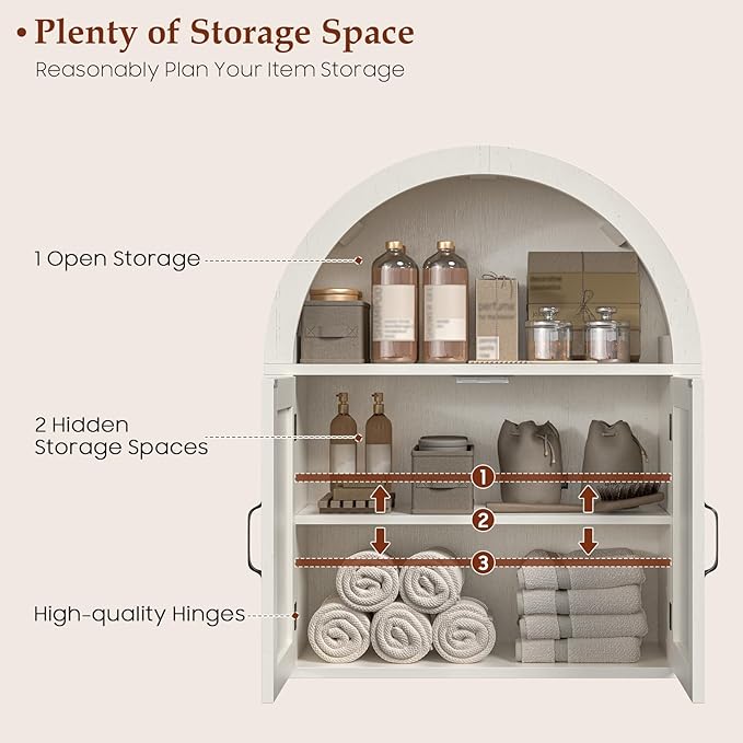 Arched Bathroom Wall Cabinet, Farmhouse Medicine Cabinet with Barn Door and with Adjustable Shelf, 23.6 x 28.7'' Wooden Storage Cabinet Wall Mounted for Bathroom Laundry Room Kitchen, Rustic White