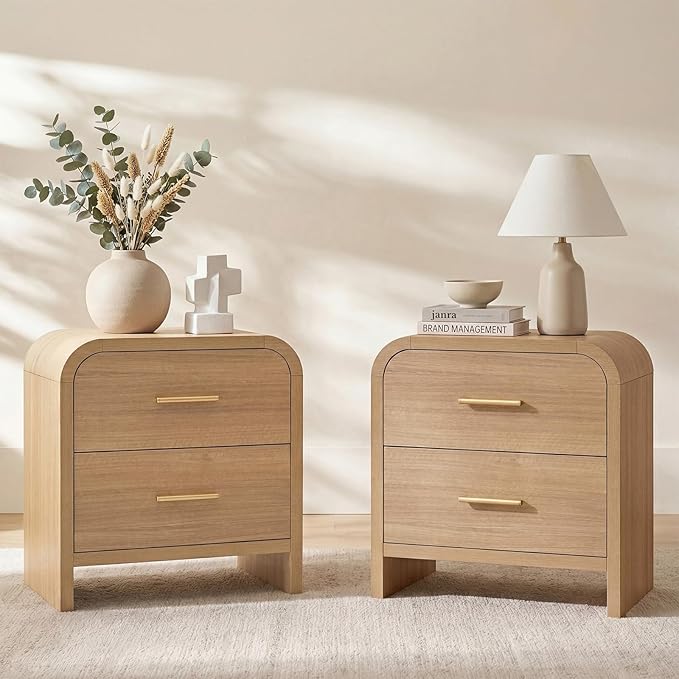 Night Stand Set of 2 [Unique Curved Profile] [FSC-Certified Wooden Board] 2-Drawer Nightstand 24" H Metal Handle Modern Sturdy Bedside Table