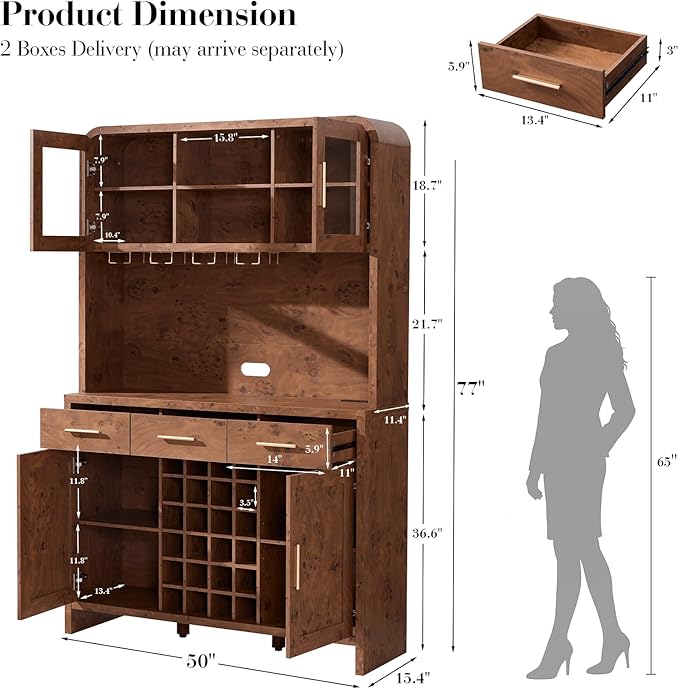 77" Tall Wine Bar Cabinet with Storage Hutch and 3 Drawers, Coffee Bar Cabinet with LED Lights and 24 Bottle Wine Rack for Home Dining Room Kitchen, Dark Burl