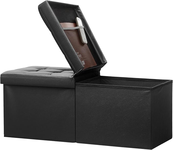 Bsketa Storage Ottoman Bench with Folding Lid Ⅲ, Foot Stools Opens on Both Ends, Footrest Foldable Leather Chest for Living Room, Bedroom, Entryway, End of Bed Storage Blanket Ottomans Black