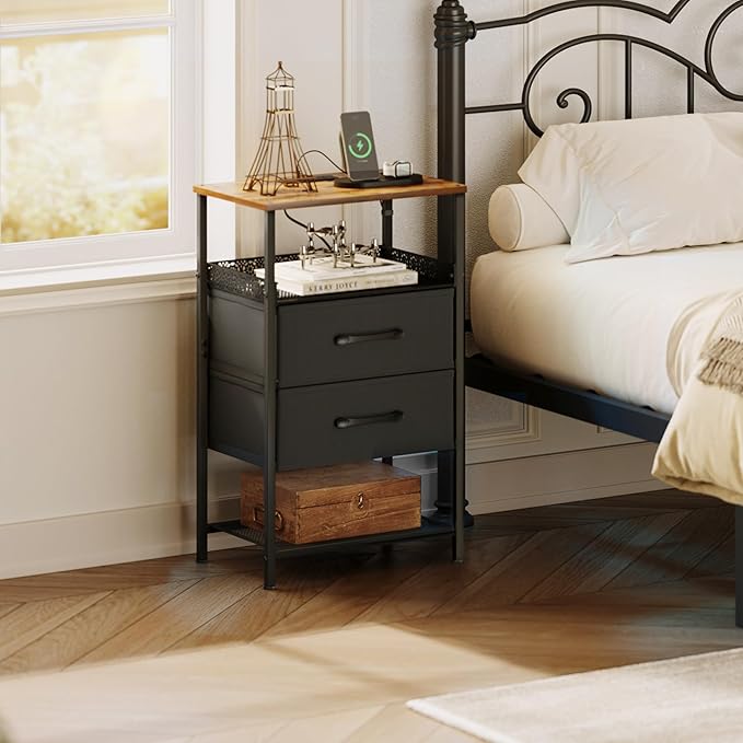 JARHETUN Nightstand Set of 2, Night Stands with Charging Station, 26.4 Inch Tall Bedside Table with Metal Shelf, Side Table with 2 Fabirc Drawers for Bedroom, Rustic Brown