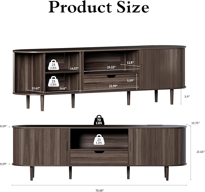 DHH 71" Fluted TV Stand with Power Outlet for TVs up to 80", TV Console with Adjustable Shelves and Sliding Door,Mid Century Modern Entertainment Center for Living Room,Bedroom (Dark Walnut, 71Inch)