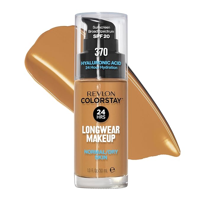 Revlon Liquid Foundation, ColorStay Face Makeup for Normal & Dry Skin, SPF 20, Longwear Medium-Full Coverage with Natural Finish, Oil Free, 370 Toast, 1 Fl Oz