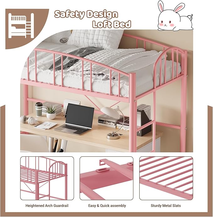 GarveeHome Loft Bed Twin Size, Heavy Duty Metal Loft Bed Frame with Arched Guardrail and Safety Ladder, Space-Saving, No Box Spring Needed, Modern Pink