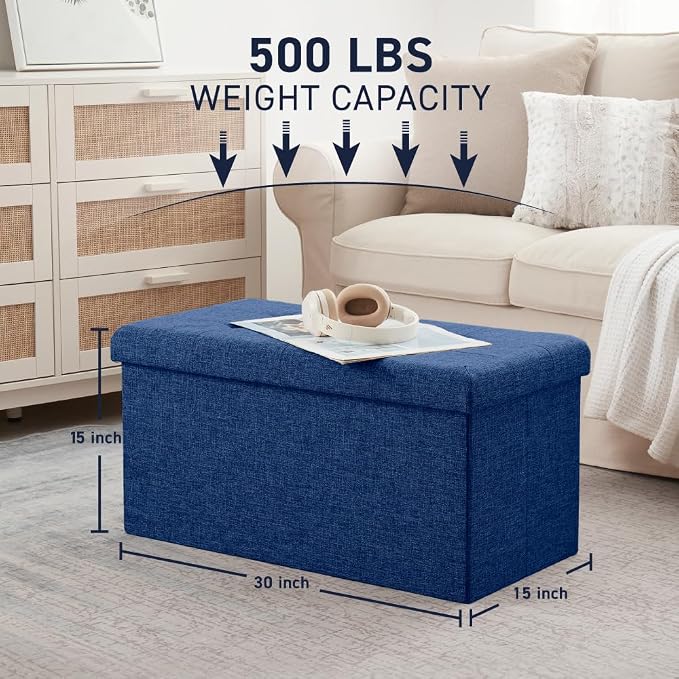 Ornavo Home Folding Storage Ottoman, 30 Inch Large Storage Bench with Lid, Foot Rest Stool for Bedroom, Living Room, Entryway, Tufted Linen Upholstered - Navy Blue