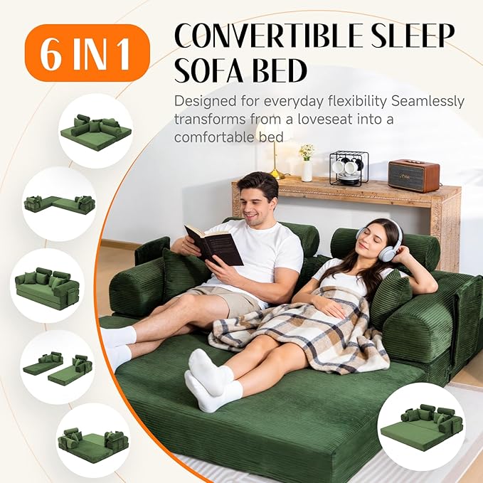 79" Convertible Boneless Couch for Small Spaces, 6-in-1 Corduroy Sofa Bed with High Backrest, Pillows, High-Density Foam Loveseat Sleeper Couch in a Box for Living Room, No Assembly, Olive Green