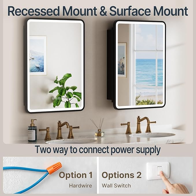 20x28 Medicine Cabinet with Lights,Wall or Recessed Mounted LED Bathroom Mirror Cabinet, Defogger, Storage Shelf, 3 Color Dimmable Light with Memory Function, Black, Right Hinge