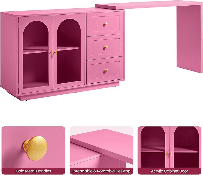 RoyalCraft 83" Makeup Vanity Desk, Pink Vanity Dresser, L Shaped Corner Vanity Table with 3 Drawer & 2 Door, Modern Extendable Dressing Table for Bedroom, Dressing Room, Small Space (Without Mirror)