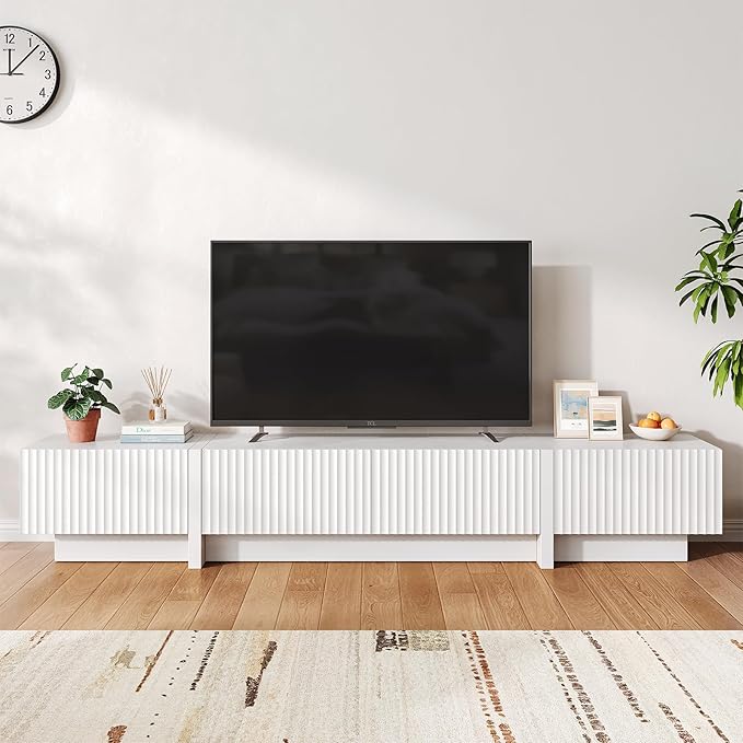 98” TV Stand for Living Room, Modern Entertainment Center with Drawers & Storage Compartments, Large TV Console Fits 55”-95” TVs, Square Top with Grooved Drawer Fronts & Stable Base,White
