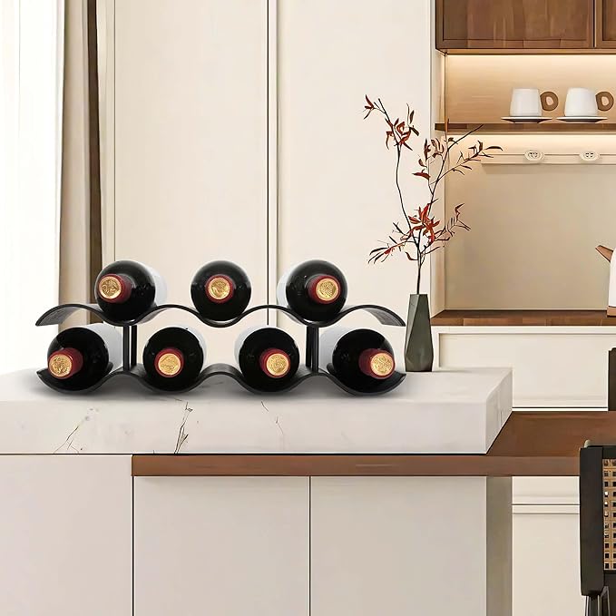 Countertop Wine Rack - 7 Bottle Freestanding Wine Bottle Holder Stand - 2 Tier Wooden Wine Storage Rack - Black Wavy Wine Organizer for Cabinet Pantry Home Kitchen Bar