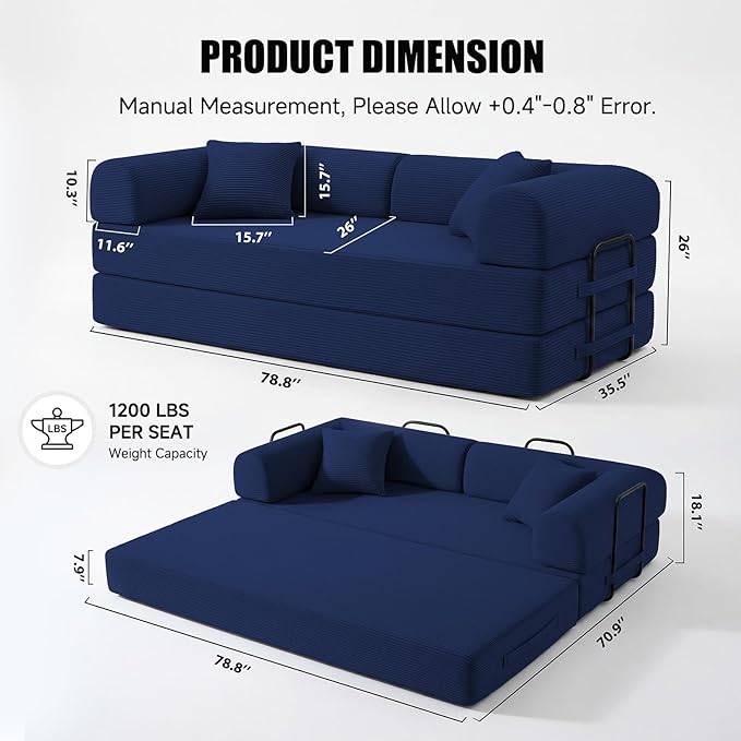 79" Compressed Sofa, Convertible Sofa Bed, Corduroy Compression Boneless Couch with Pillow, Comfy Modular Foldable Floor Sleeper Sofa for Bedroom, Living Room, Lounge, Studio (Dark Blue)