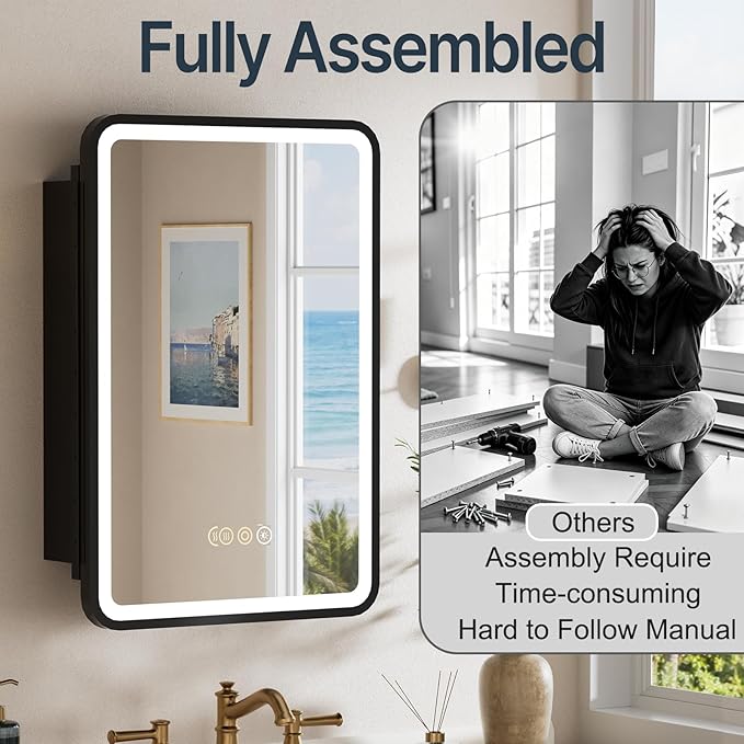 16x24 Inch Medicine Cabinet with Mirror, Recessed or Surface Mount Bathroom Medicine Cabinet with LED Lights, Anti-Fog, Memory Function, Adjustable Shelf, Dimmable Light, ETL Listed, Black,Left Hinge