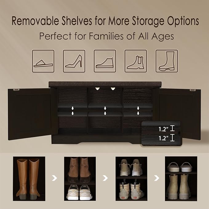 DINZI LVJ Shoe Bench, Entryway Storage Bench with Doors, Cushion, 2-Tier Shoe Rack with 6-Cubby, 31.5”L x 13.8”W Shoe Organizer Cabinet, Adjustable Shelf, Living Room, Bedroom, Espresso