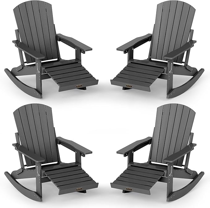 Adjustable Adirondack Rocking Chair Set of 4 with Retractable Ottoman Footrest, 4-in-1 Foldable HDPE Outdoor Rocker, Weather Resistant Adirondack Chair for Porch, Garden & Poolside, Grey