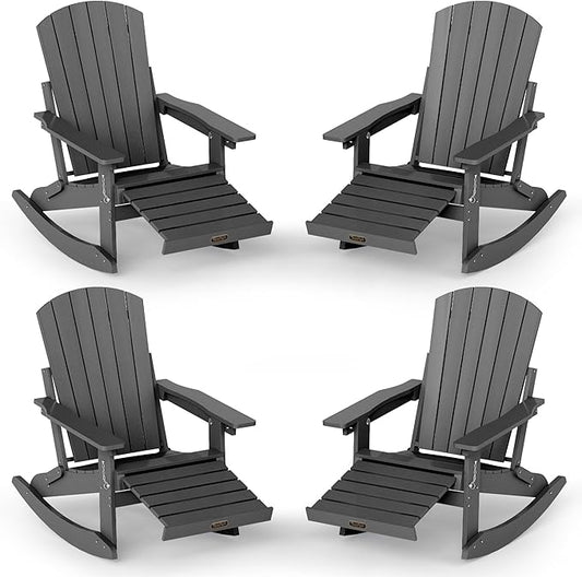 Adjustable Adirondack Rocking Chair Set of 4 with Retractable Ottoman Footrest, 4-in-1 Foldable HDPE Outdoor Rocker, Weather Resistant Adirondack Chair for Porch, Garden & Poolside, Grey