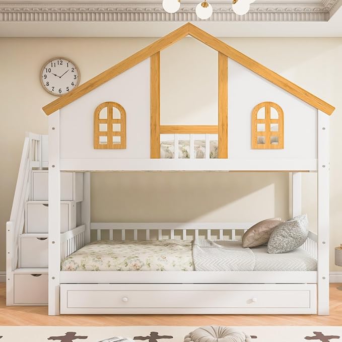 Full Over Full Bunk Bed with Trundle and Storage Stairs, House Triple Bunk Castle Bed with Roof and Windows, Bookshelf, Space Saving for Kids, Boys, Girls, Adults, White