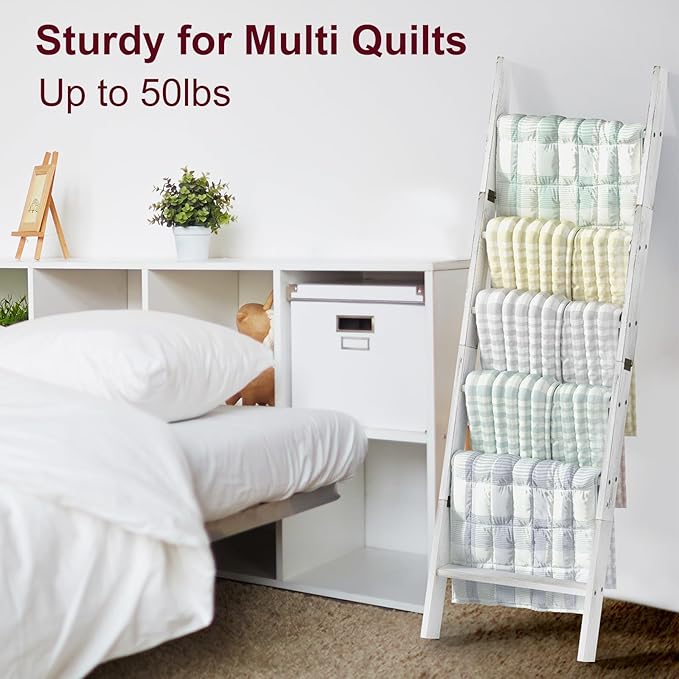 Honest Blanket Ladders for The Living Room, 6-Tier Blanket Holder, Wall-Leaning Blanket Rack, Ladder Shelves, Wooden Quilt Ladder, Farmhouse Decor, White