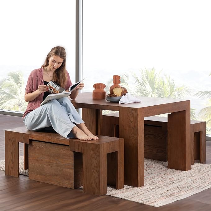 Transformer Table - Solid Wood Extendable Dining Table, Seats 2-12, Expandable Dining Room Table, Space-Saving Furniture, Kitchen and Dining Room Furniture (Brown, Table + 2 Benches)