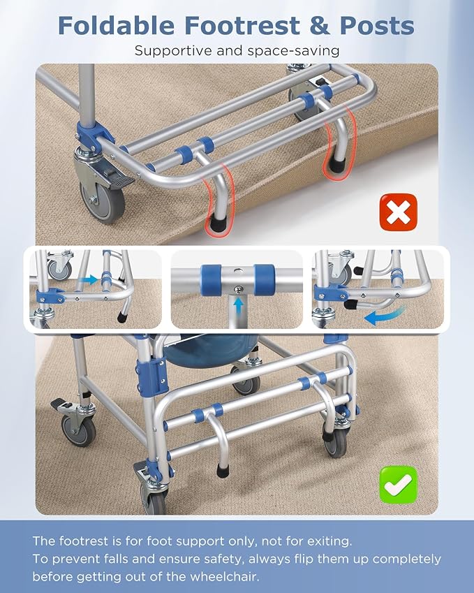 Bedside Commode Wheelchair with Drop Arms & Lockable Casters, Waterproof Aluminum Shower Chair, 330lbs Capacity Portable Toilets, Anti-Tilt Foldable Footrest, Sponge Padded Seat, for Elderly&Mobility