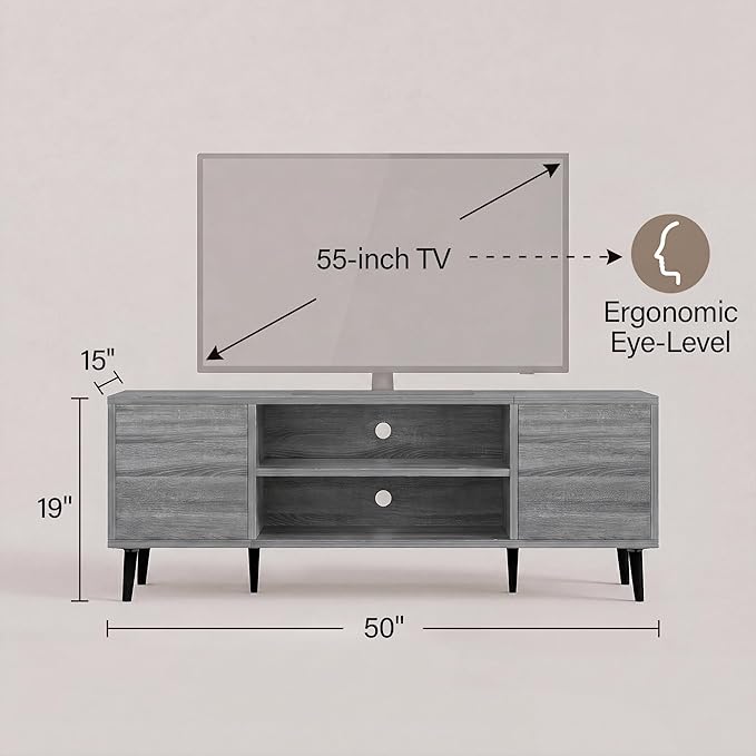 JUMMICO Mid-Century Modern TV Stand for 43-55 Inch TVs, 50 Inch Media Console with Storage, Entertainment Center with Push-Open Cabinets and Cable Management for Living Room (Grey, 50 Inches)