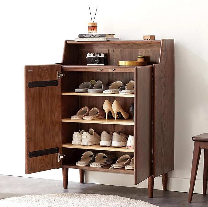Solid Wood Shoe Cabinet with Doors, Shoe Storage Cabinet with 4-Tier Adjustable Shelves, Mid Century Modern Shoe Rack Cabinet for Entryway, Hallway, Oak Wood, 13.8" x 31.5" x 43.3", Walnut