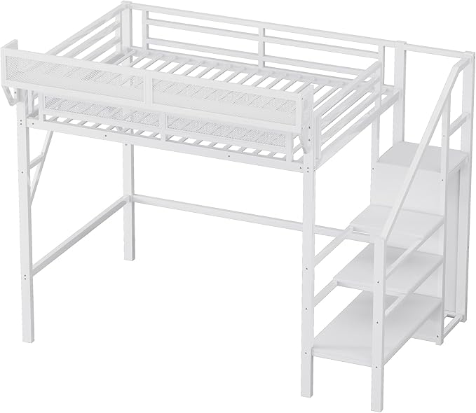 Twin XL Size Loft Bed with Stairs and Storage, Metal Loft Bed Frame with A Shelf and Large Under-Bed Space, Heavy-Duty Loft Beds for Kids Boys Girls Teens Bedroom Dorm, Convertible Staircase, White
