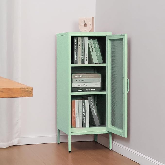 Slim Metal Storage Cabinet with Mesh Doors - 42'' Tall Narrow Organizer Tower, Compact Freestanding Cabinet, Versatile Utility Storage for Home, Office, Kitchen, Living Room, Durable and Modern Design