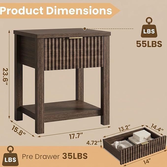 Fluted Night Stand with Golden Handle,Set of 2 Mid-Century Nightstands with Drawer,Bedside Table with Storage Shelf,Large Wood End Tables for Livingroom,Bed Side Tables for Bedroom,Walnut